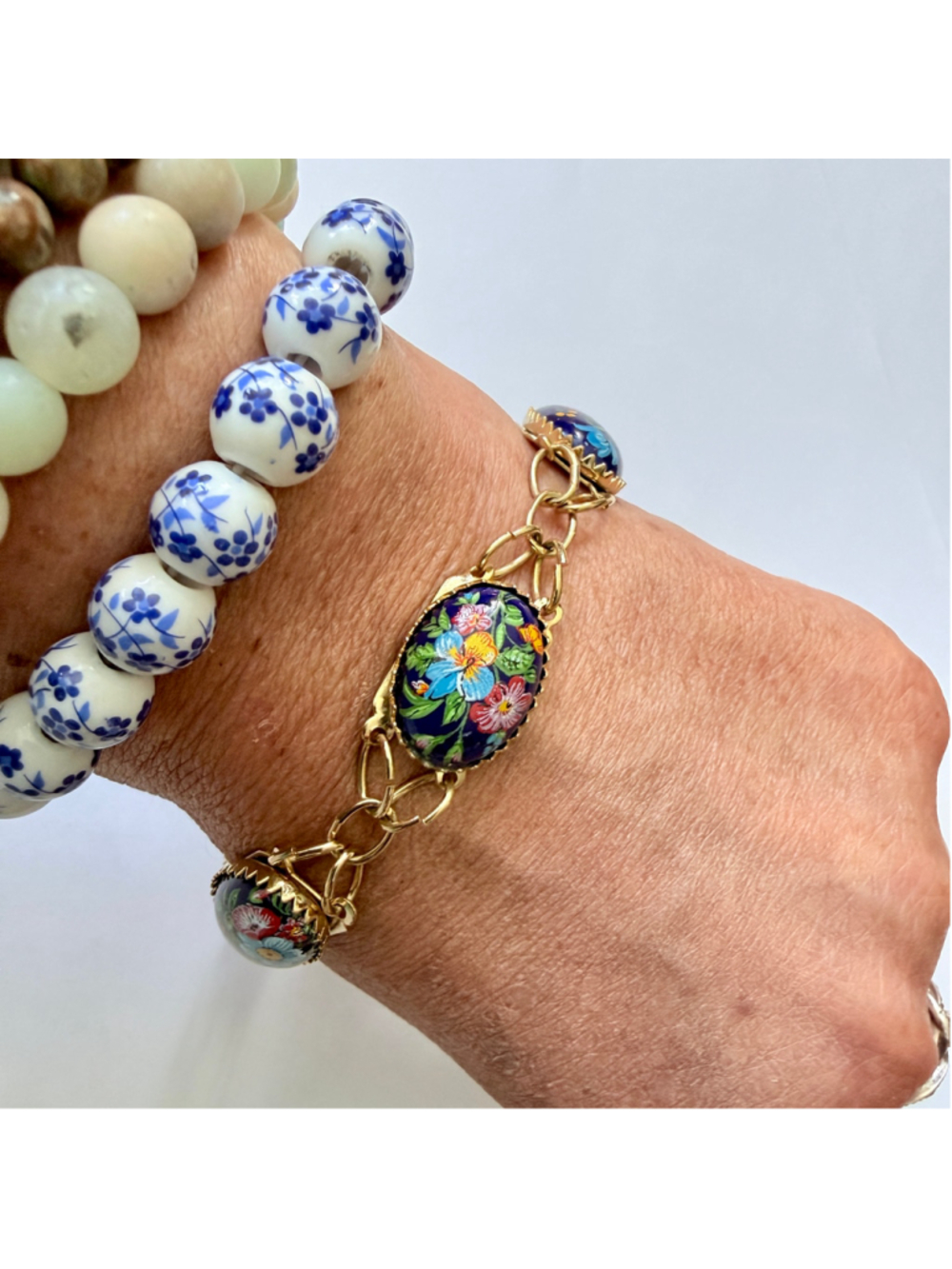 Vintage Hand Painted Porcelain Floral Bracelet Blue Porcelain Cabochon Bracelet - Picture 6 of 6